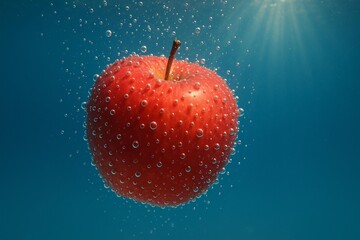 Vibrant Red Apple Underwater with Bubbles and Sunlight