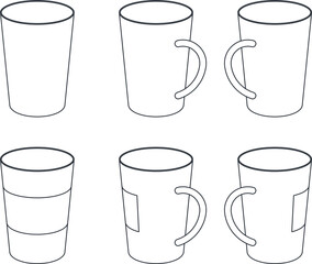 Vector set of coffee mugs and cups in minimalist black outline design