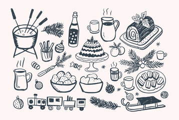 A Festive Collection of Hand-Drawn Holiday Treats and Seasonal Symbols, Featuring Desserts, Drinks, and Decorative Elements for a Joyous Celebration