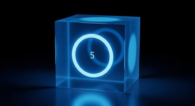 Blue cube with glowing circles and number five inside for futuristic technology art