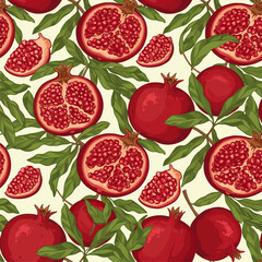 Vibrant Pomegranate Fruit and Green Leaves Seamless Pattern. Botanical Illustration Background Design