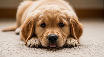 Golden Retriever Puppy Lying Down Focused.
