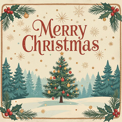 A festive Christmas card with a decorated tree, holly, and snowflakes on a cream background with a rope border.