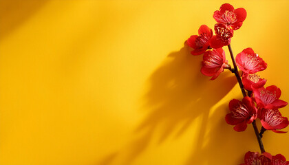 Minimalist Flat Lay Of A Vibrant Red Blossom Branch On A Sunny Yellow Surface This Beautiful Still Life Represents Spring Joy And New Beginnings
