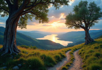 Stupendous alignment of gnarled trees with a golden river's tranquil embrace.