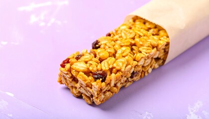 Close-up of a granola bar wrapped in brown paper
