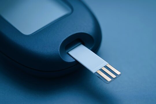 Close-up of a blood glucose meter with a test strip inserted, highlighting the precision and technology used in monitoring blood sugar levels.