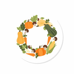 Autumn Harvest Wreath of Vegetables and Gourds.