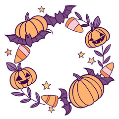Halloween wreath with pumpkins, bats, candy corn, and stars vector illustration
