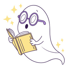 Cute cartoon ghost wearing glasses and reading a book, vector illustration