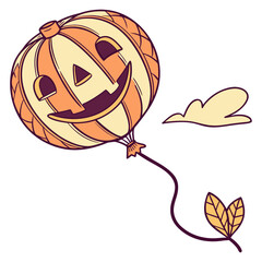Large pumpkin face balloon flying with a leaf and cloud vector illustration