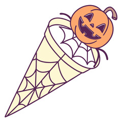 Halloween pumpkin in an ice cream cone with spider web vector illustration
