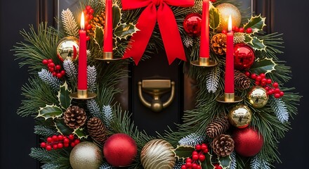 Festive christmas wreath adorned with candles, ornaments, and a red bow, hanging on a dark door, creating a warm and inviting holiday welcome
