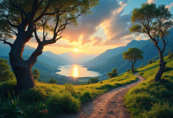 Stupendous Golden Hour Vista: Ancient Trees Frame a Shimmering Mountain Lake