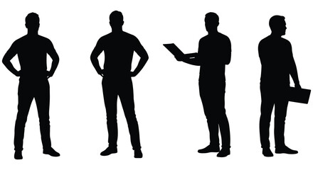 Four silhouetted men in various standing poses against a white background
