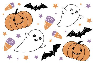 Cute halloween characters with pumpkins, ghosts, bats, and candy corn vector illustration