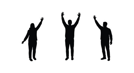 Silhouettes of three people with arms raised in a celebratory pose