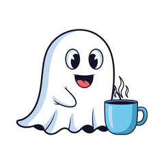 Cute cartoon ghost enjoying a cup of coffee.