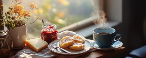 Enjoy rustic breakfast with fresh pastries and coffee.