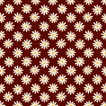 Dainty Autumn Daisies on Maroon Seamless Pattern Design