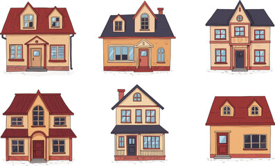 Fototapeta premium Cute cartoon houses set, hand-drawn vintage style homes, cozy suburban architecture illustrations for children’s books, games, real estate design