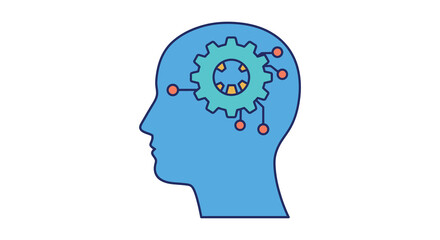 Human head outline with gears and connections representing thought process