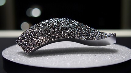 A silver brooch with a glittery texture and a curved shape.