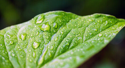 Macro image of water droplets on green leaves, close-up of rainy season drops rainwater on the grass