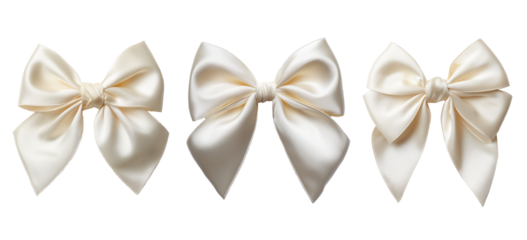 Shiny ivory bow set on transparent background, Champagne glamorous accessory for gift box, wedding, anniversary or Christmas decoration, for festive decorations, crafting, presentations. 
