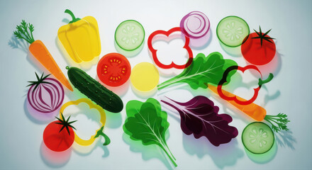 A vibrant assortment of fresh vegetables displayed on a clean white surface overhead shot
