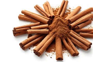 Warm, aromatic cinnamon sticks and powder arranged artfully on a clean white surface, inviting culinary creativity and cozy moments.