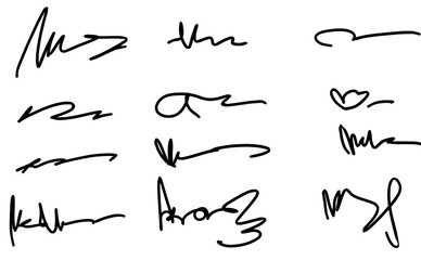 Fake autograph samples. Hand-drawn signatures, examples of documents, certificates and contracts with inked and handwritten lettering. Abstract