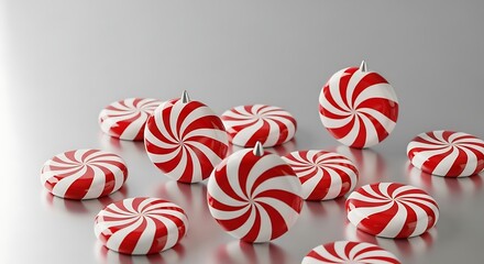 Obraz premium Festive peppermint swirl ornaments arranged on a reflective surface, creating a cheerful and bright holiday atmosphere, ideal for christmas decorations