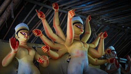 Large Clay Durga Puja Murti of Maa Durga Family in Making Process