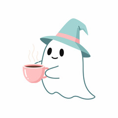 Cute ghost wearing a witch hat holding a cup of coffee.