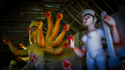 Durga Family Puja Statues in Process at Bengal Workshop