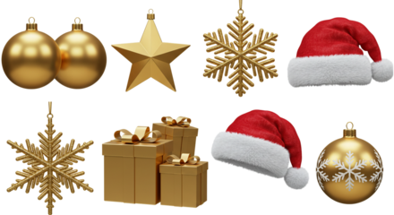 A set of various Christmas decorations, including hanging tree ornaments, balls, and ribbons, for the winter holiday season. Set of Christmas icons