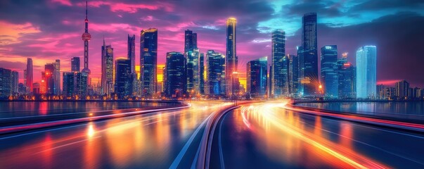 Depicting futuristic city with advanced transportation.