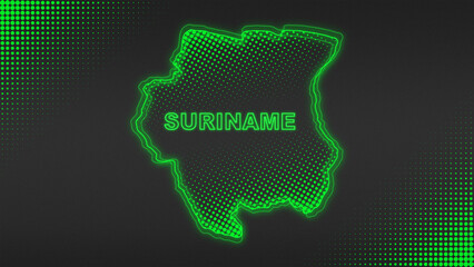 Neon Green Suriname Map Outline Futuristic Digital Glow Halftone Illustration