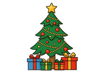 Christmas tree with star, ornaments, lights, and gifts beneath, celebrating winter holidays, transparent background