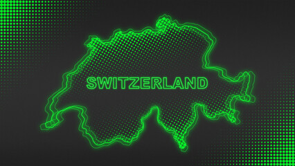 Neon Green Switzerland Map Outline Futuristic Digital Glow Halftone Illustration