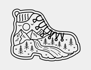 Detailed line art vector of a hiking boot filled with a landscape of mountains, trees, and a river. Ideal for outdoor enthusiasts and adventure-themed designs.