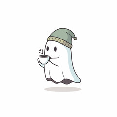 Cute ghost wearing a beanie holding a cup of coffee.