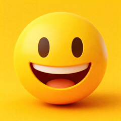 Fototapeta premium A bright yellow 3D emoji with a wide smile, open mouth, and big eyes, conveying a cheerful and happy expression.