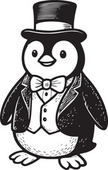Dapper Penguin in Formal Attire: A stylish illustration of a charming penguin donning a top hat and bow tie, perfectly dressed in formal attire, embodying elegance and sophistication.