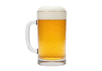 Isolated glass mug of foamy beer with condensation droplets on surface close up