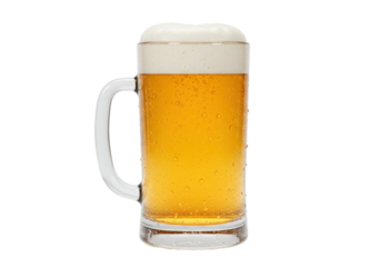 Isolated glass mug of foamy beer with condensation droplets on surface close up