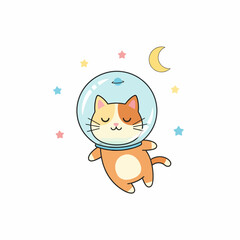 Astronaut Cat Floating in Space with Moon and Stars Illustration.