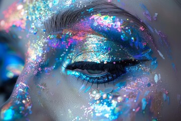 Close up of a woman's eye adorned with vibrant, sparkling glitter makeup, showcasing a captivating blend of colors and textures