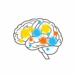 Brain illustration with colorful highlights representing cognitive functions and processes.